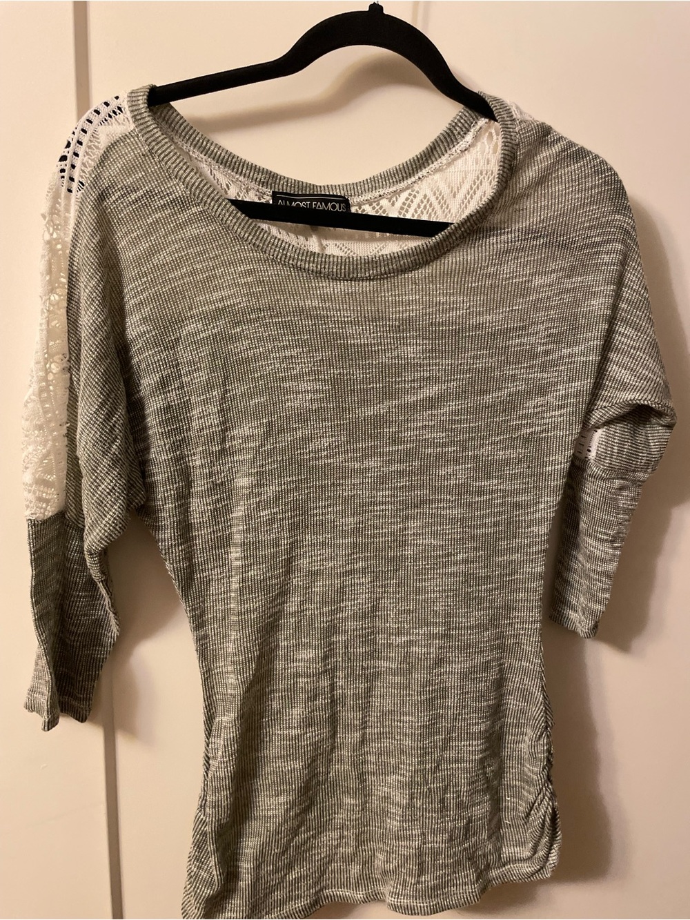 Almost Famous Heather Gray Knit Top with White Lace Back Panel